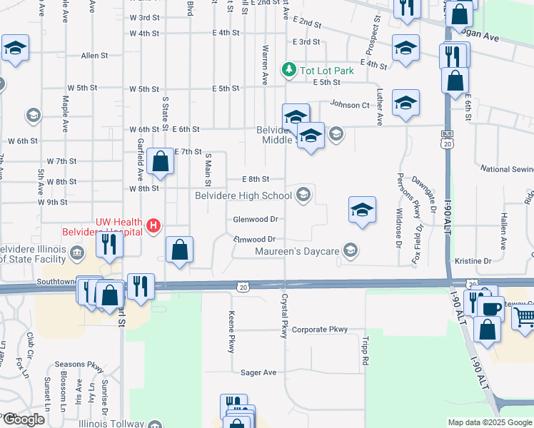 map of restaurants, bars, coffee shops, grocery stores, and more near 601 Highland Street in Belvidere
