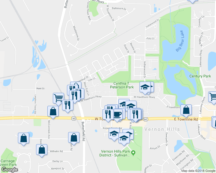 map of restaurants, bars, coffee shops, grocery stores, and more near 359 Jefferson Court in Vernon Hills