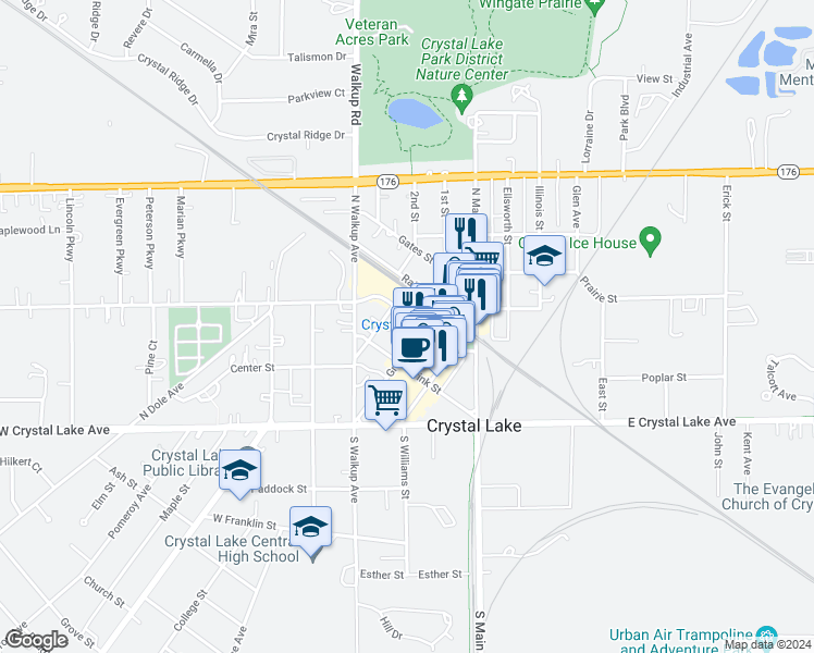 map of restaurants, bars, coffee shops, grocery stores, and more near 102 Lesley Lane in Crystal Lake