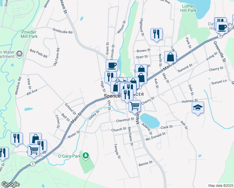 map of restaurants, bars, coffee shops, grocery stores, and more near 125 Main Street in Spencer