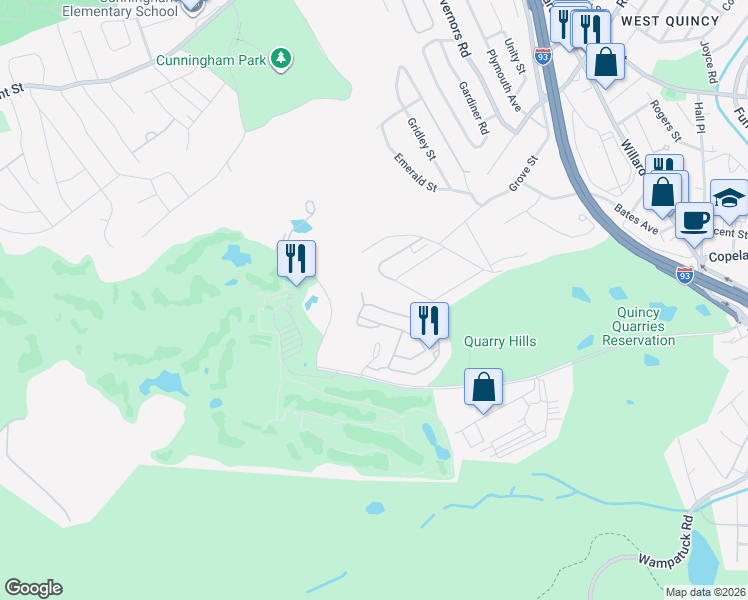 map of restaurants, bars, coffee shops, grocery stores, and more near 333 Ricciuti Drive in Quincy