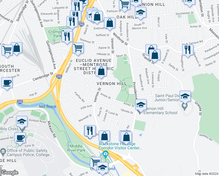 map of restaurants, bars, coffee shops, grocery stores, and more near 18 Fairbanks Street in Worcester