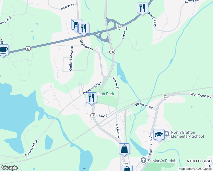 map of restaurants, bars, coffee shops, grocery stores, and more near 56 Shrewsbury Street in Grafton