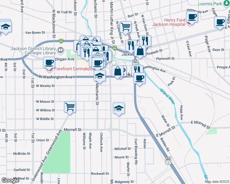 map of restaurants, bars, coffee shops, grocery stores, and more near 208 East Franklin Street in Jackson