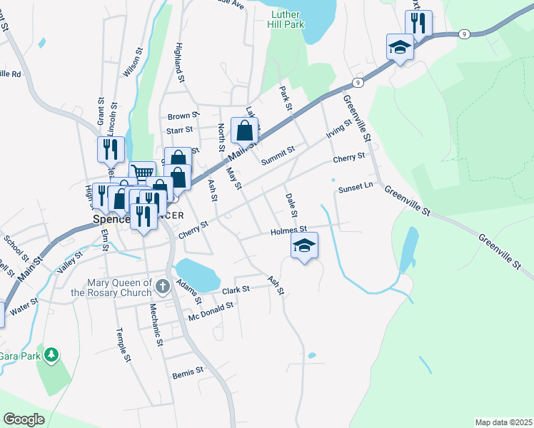 map of restaurants, bars, coffee shops, grocery stores, and more near 56 Cherry Street in Spencer