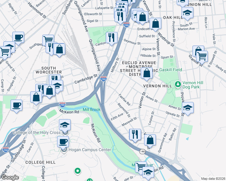map of restaurants, bars, coffee shops, grocery stores, and more near 171 Perry Avenue in Worcester