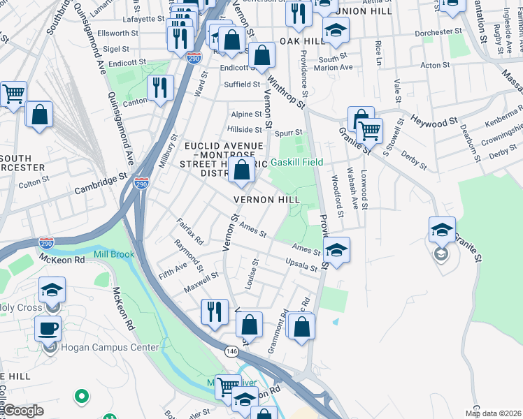 map of restaurants, bars, coffee shops, grocery stores, and more near 18 Fairbanks Street in Worcester