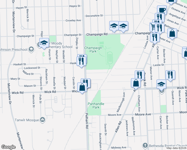 map of restaurants, bars, coffee shops, grocery stores, and more near 19240 Brody Avenue in Allen Park