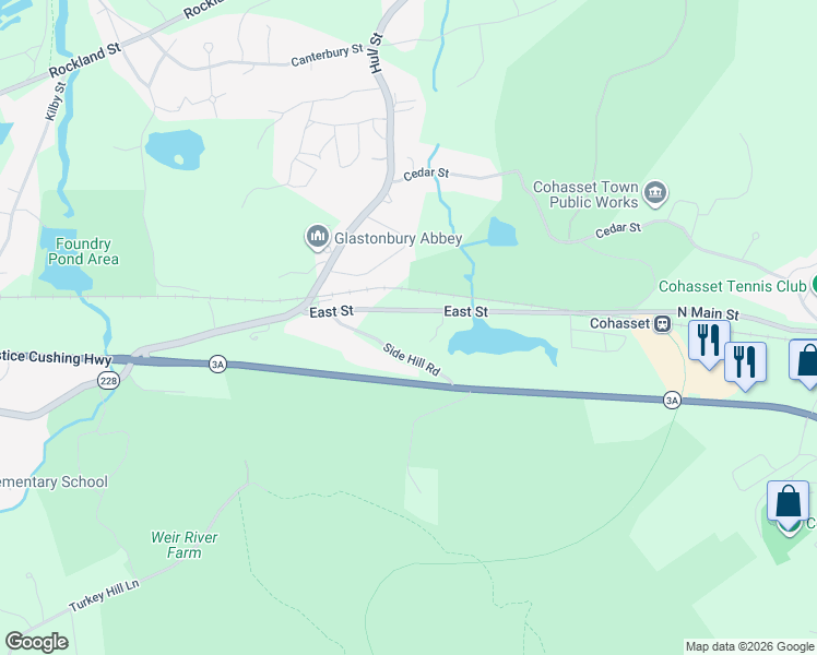 map of restaurants, bars, coffee shops, grocery stores, and more near 365 East Street in Hingham