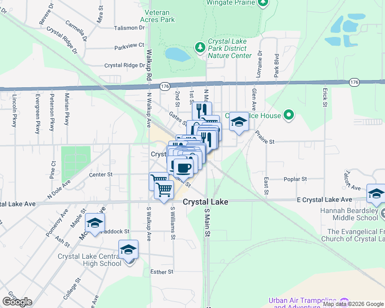 map of restaurants, bars, coffee shops, grocery stores, and more near 70 East Woodstock Street in Crystal Lake