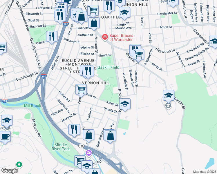 map of restaurants, bars, coffee shops, grocery stores, and more near 40 Stockton Street in Worcester