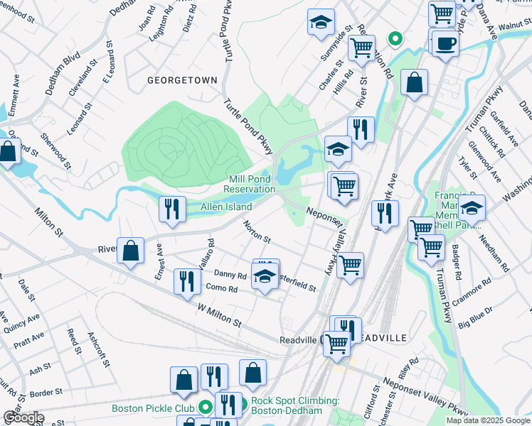 map of restaurants, bars, coffee shops, grocery stores, and more near 1738 River Street in Boston