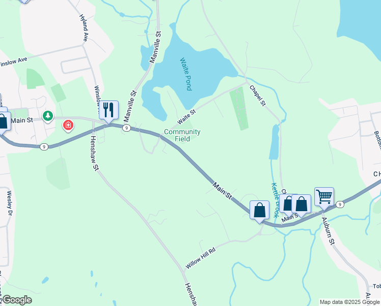 map of restaurants, bars, coffee shops, grocery stores, and more near 651 Main Street in Leicester