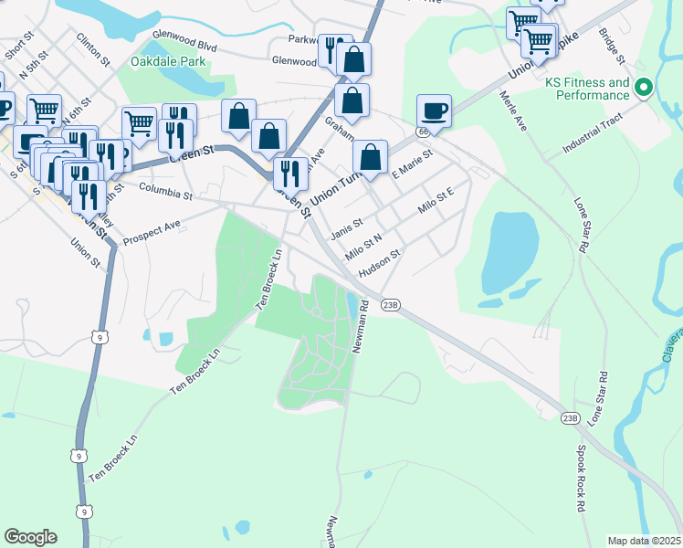 map of restaurants, bars, coffee shops, grocery stores, and more near 215-219 Green St in Hudson