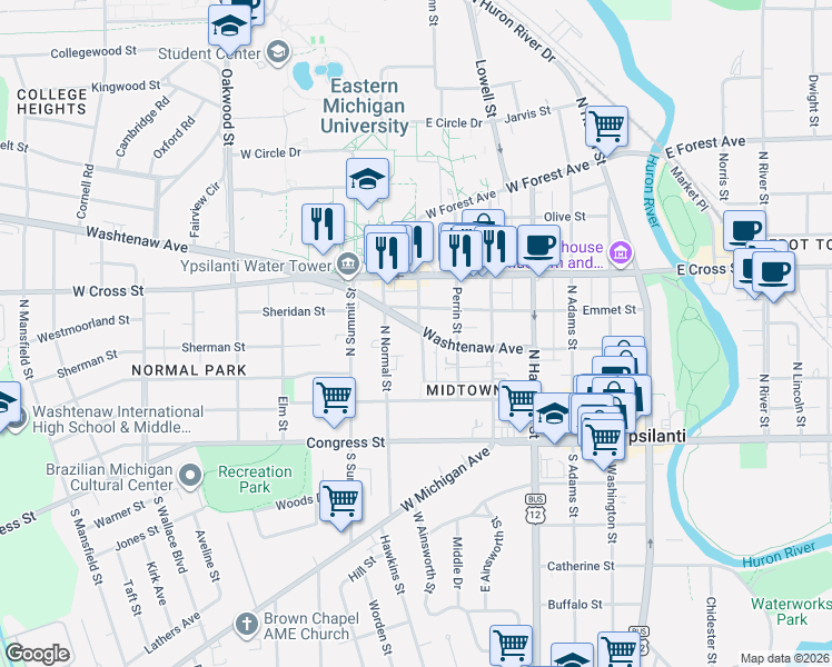 map of restaurants, bars, coffee shops, grocery stores, and more near 203 College Place in Ypsilanti