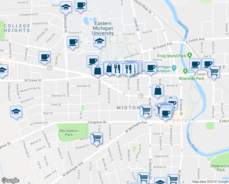 map of restaurants, bars, coffee shops, grocery stores, and more near 203 College Place in Ypsilanti