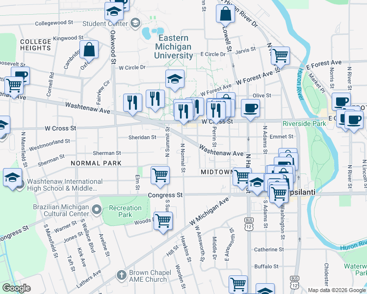 map of restaurants, bars, coffee shops, grocery stores, and more near 219 North Normal Street in Ypsilanti