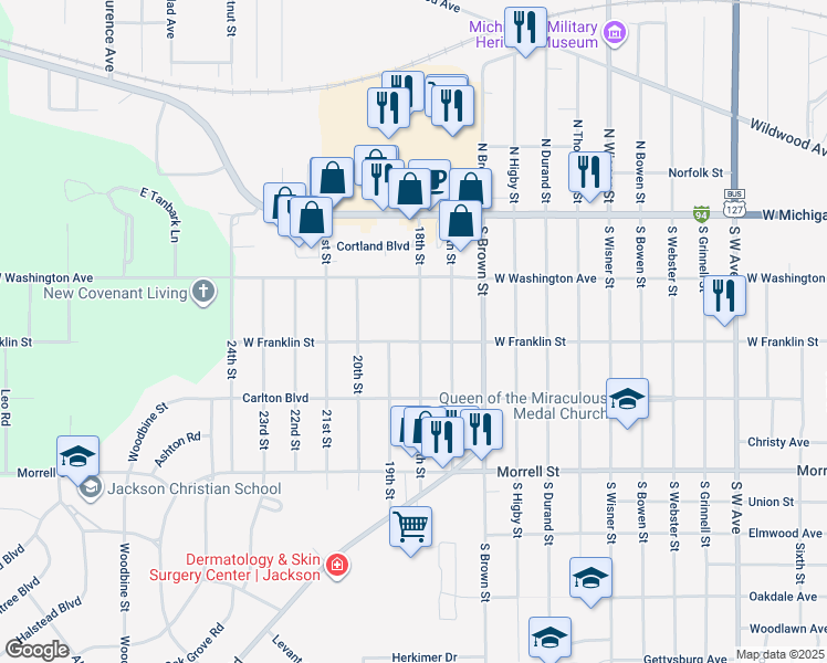 map of restaurants, bars, coffee shops, grocery stores, and more near 406 18th Street in Jackson