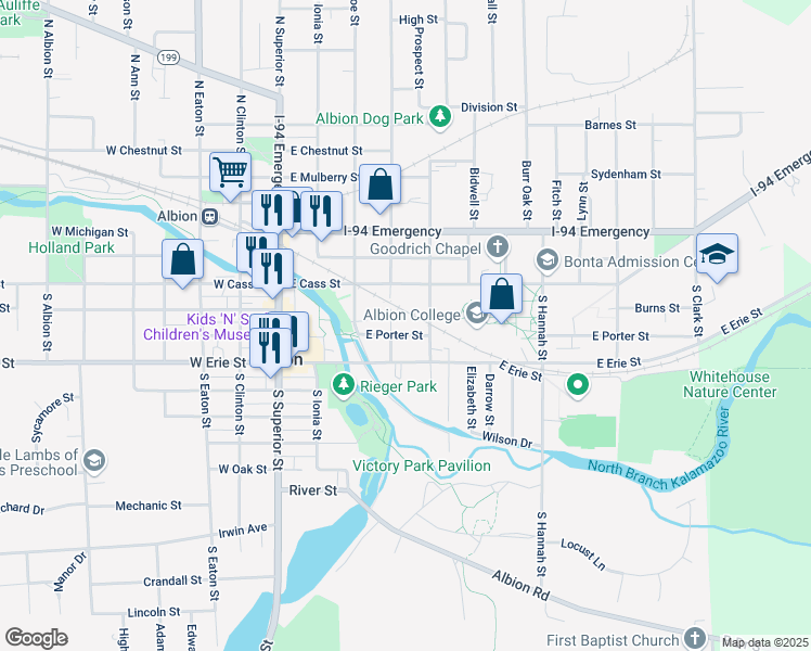 map of restaurants, bars, coffee shops, grocery stores, and more near 206 South Berrien Street in Albion