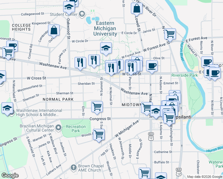 map of restaurants, bars, coffee shops, grocery stores, and more near 219 North Normal Street in Ypsilanti