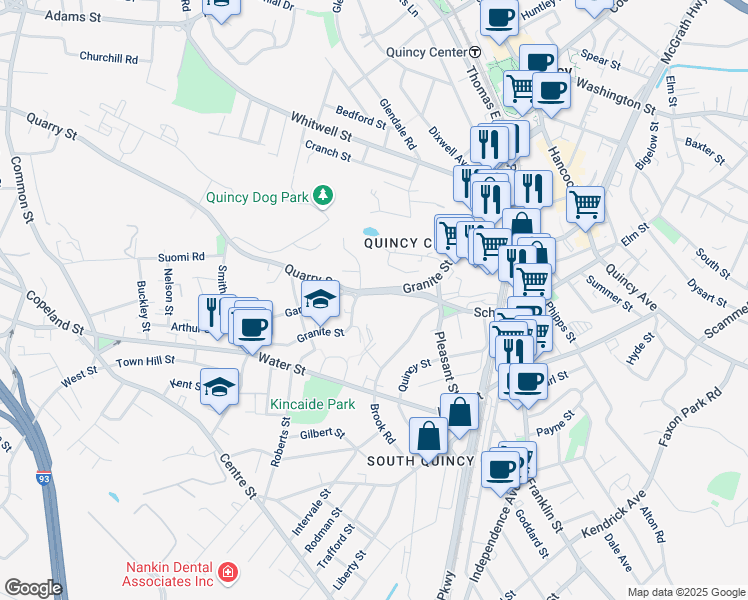 map of restaurants, bars, coffee shops, grocery stores, and more near 230 Granite Street in Quincy