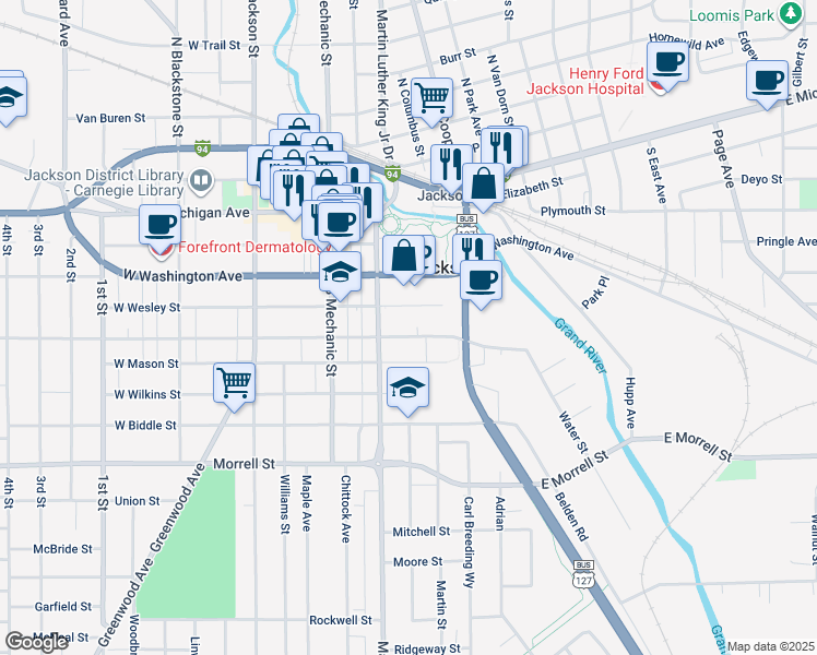 map of restaurants, bars, coffee shops, grocery stores, and more near 208 East Franklin Street in Jackson