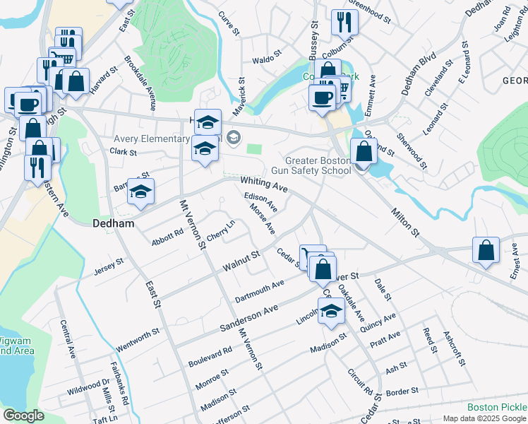 map of restaurants, bars, coffee shops, grocery stores, and more near 18 Edison Avenue in Dedham