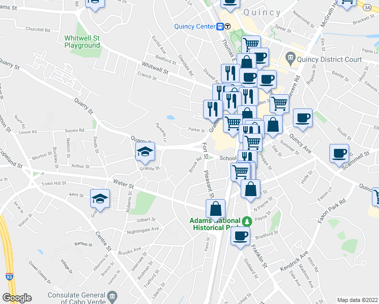 map of restaurants, bars, coffee shops, grocery stores, and more near 194 School Street in Quincy