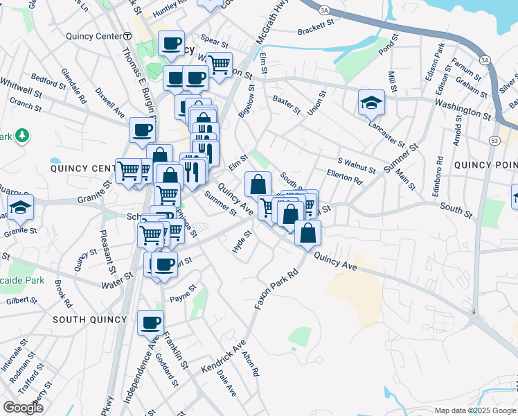 map of restaurants, bars, coffee shops, grocery stores, and more near 70 Quincy Avenue in Quincy