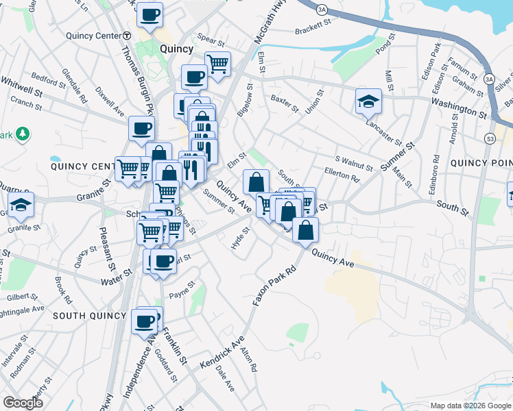 map of restaurants, bars, coffee shops, grocery stores, and more near 70 Quincy Avenue in Quincy
