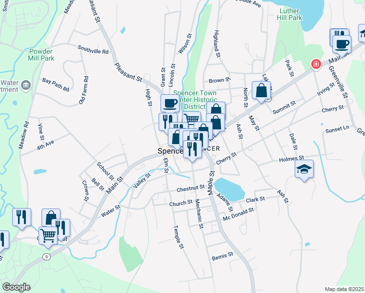 map of restaurants, bars, coffee shops, grocery stores, and more near 125 Main Street in Spencer