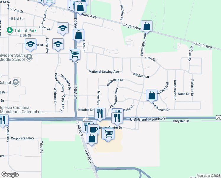 map of restaurants, bars, coffee shops, grocery stores, and more near 2143 Ridgefield Drive in Belvidere