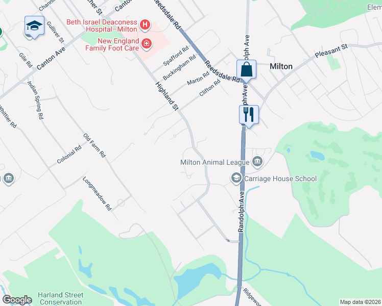 map of restaurants, bars, coffee shops, grocery stores, and more near 2 Fletcher Steele Way in Milton