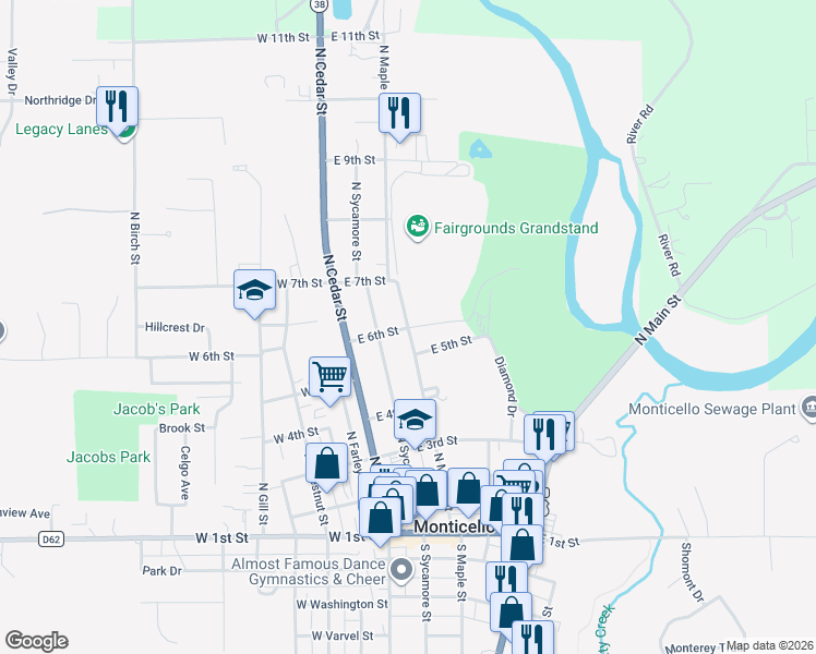 map of restaurants, bars, coffee shops, grocery stores, and more near 601 North Maple Street in Monticello