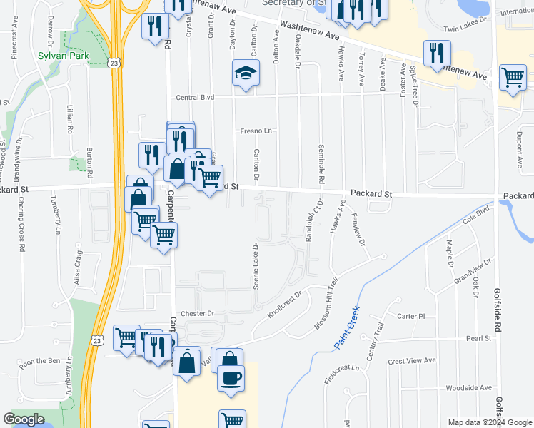 map of restaurants, bars, coffee shops, grocery stores, and more near 3156 Promenade Circle in Ann Arbor