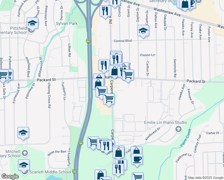 map of restaurants, bars, coffee shops, grocery stores, and more near 3120 Carpenter Road in Ypsilanti
