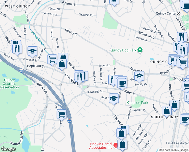 map of restaurants, bars, coffee shops, grocery stores, and more near Morton Street in Quincy