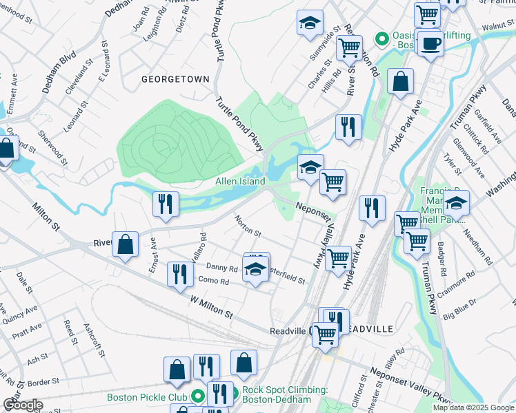 map of restaurants, bars, coffee shops, grocery stores, and more near 21 Imbaro Road in Boston