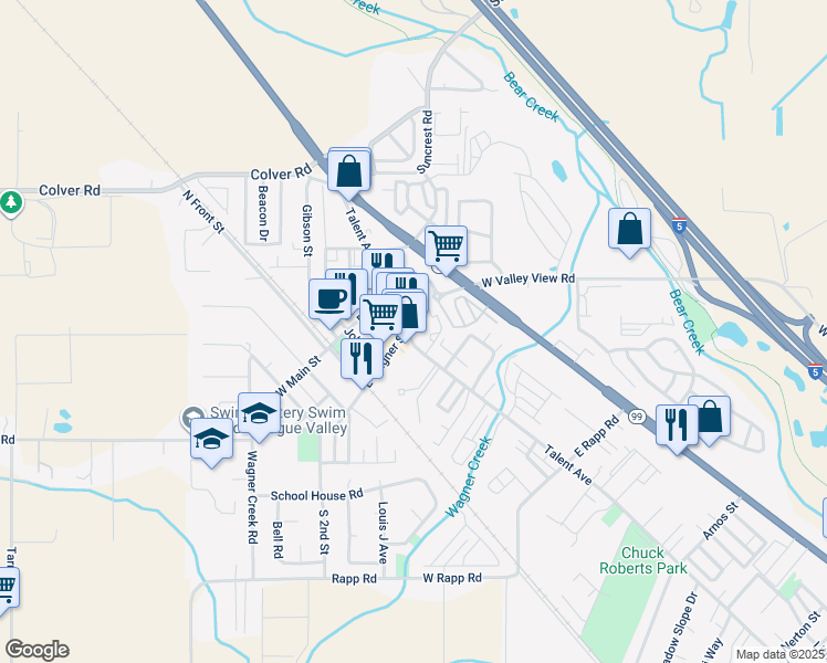 map of restaurants, bars, coffee shops, grocery stores, and more near 201 Talent Avenue in Talent
