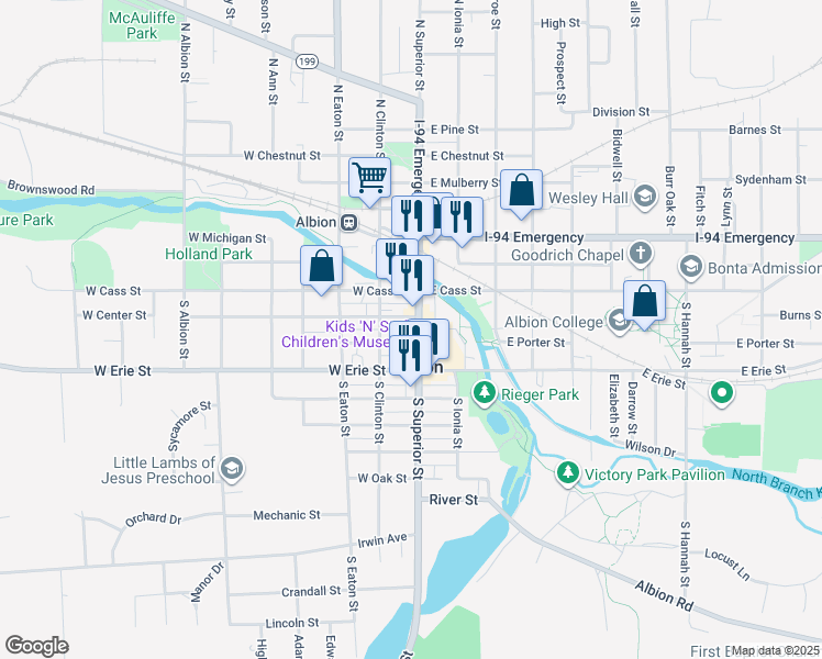 map of restaurants, bars, coffee shops, grocery stores, and more near 123 South Superior Street in Albion