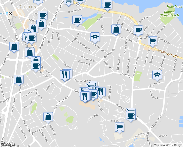 map of restaurants, bars, coffee shops, grocery stores, and more near 21 Sumner Street in Quincy