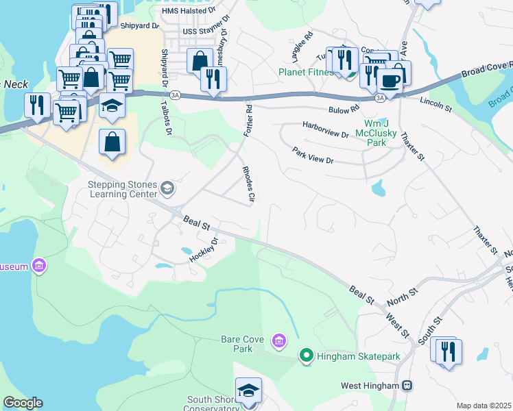 map of restaurants, bars, coffee shops, grocery stores, and more near 36 Rhodes Circle in Hingham