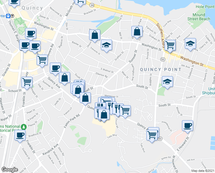 map of restaurants, bars, coffee shops, grocery stores, and more near 21 Sumner Street in Quincy