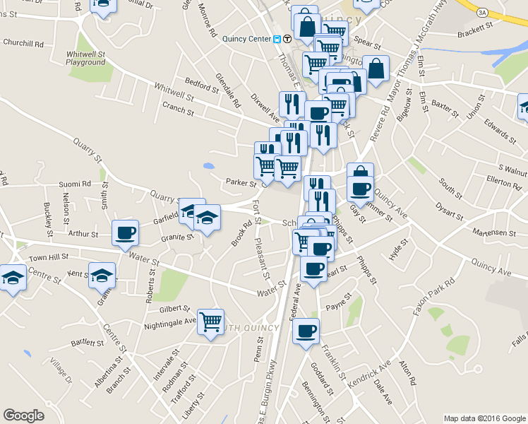 map of restaurants, bars, coffee shops, grocery stores, and more near 6 Fort Street in Quincy