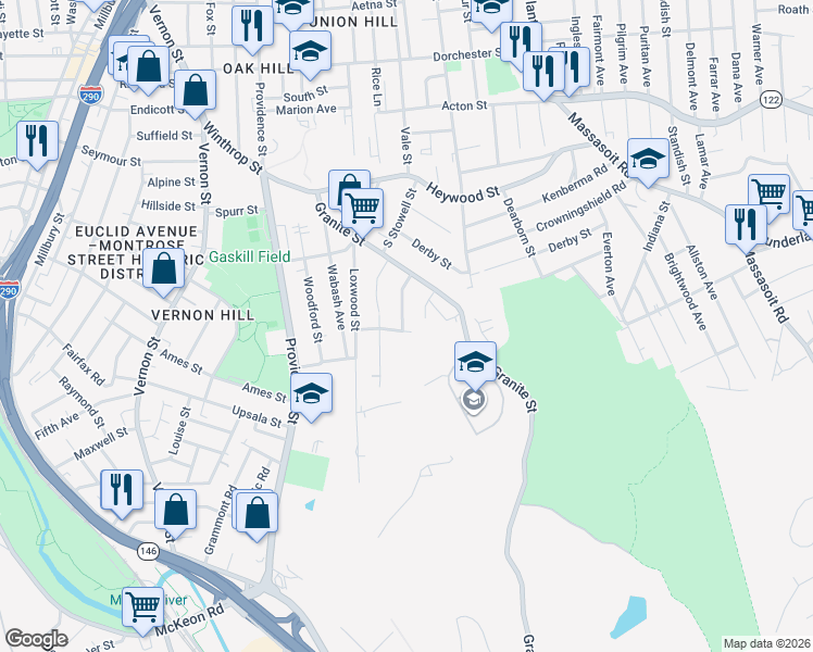 map of restaurants, bars, coffee shops, grocery stores, and more near 34 Bridgeport Street in Worcester