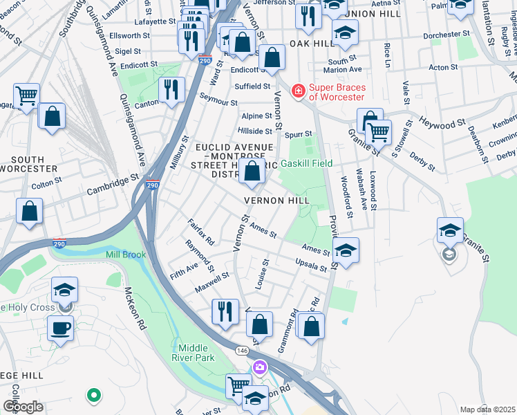 map of restaurants, bars, coffee shops, grocery stores, and more near 147 Vernon Street in Worcester