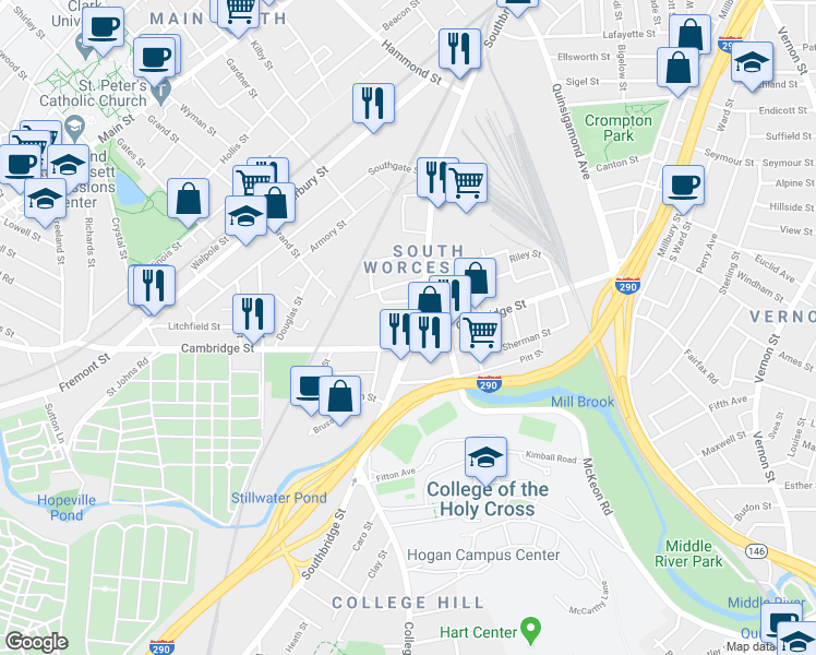 map of restaurants, bars, coffee shops, grocery stores, and more near 659 Southbridge Street in Worcester