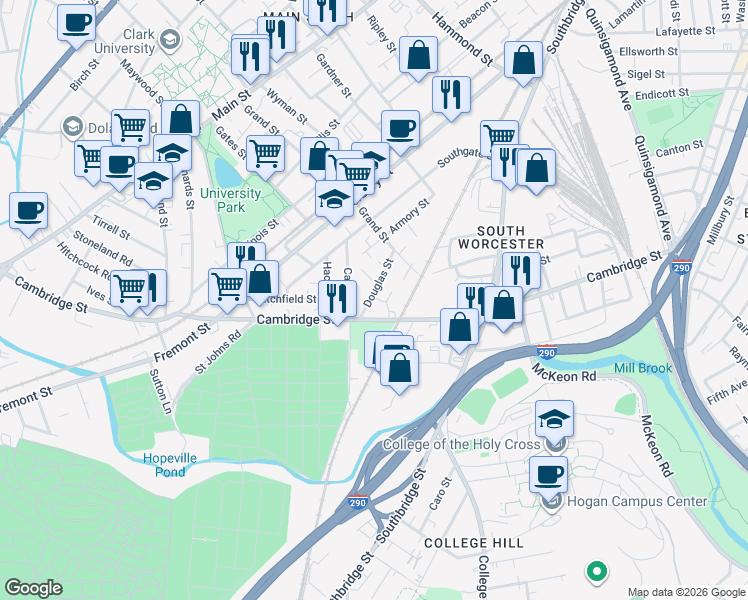 map of restaurants, bars, coffee shops, grocery stores, and more near 19 Douglas Street in Worcester