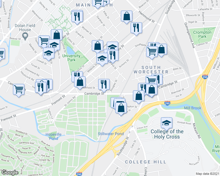 map of restaurants, bars, coffee shops, grocery stores, and more near 22 Camp Street in Worcester