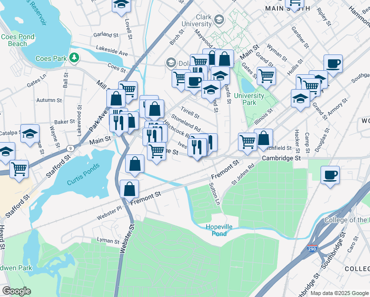 map of restaurants, bars, coffee shops, grocery stores, and more near 9 Ives Street in Worcester
